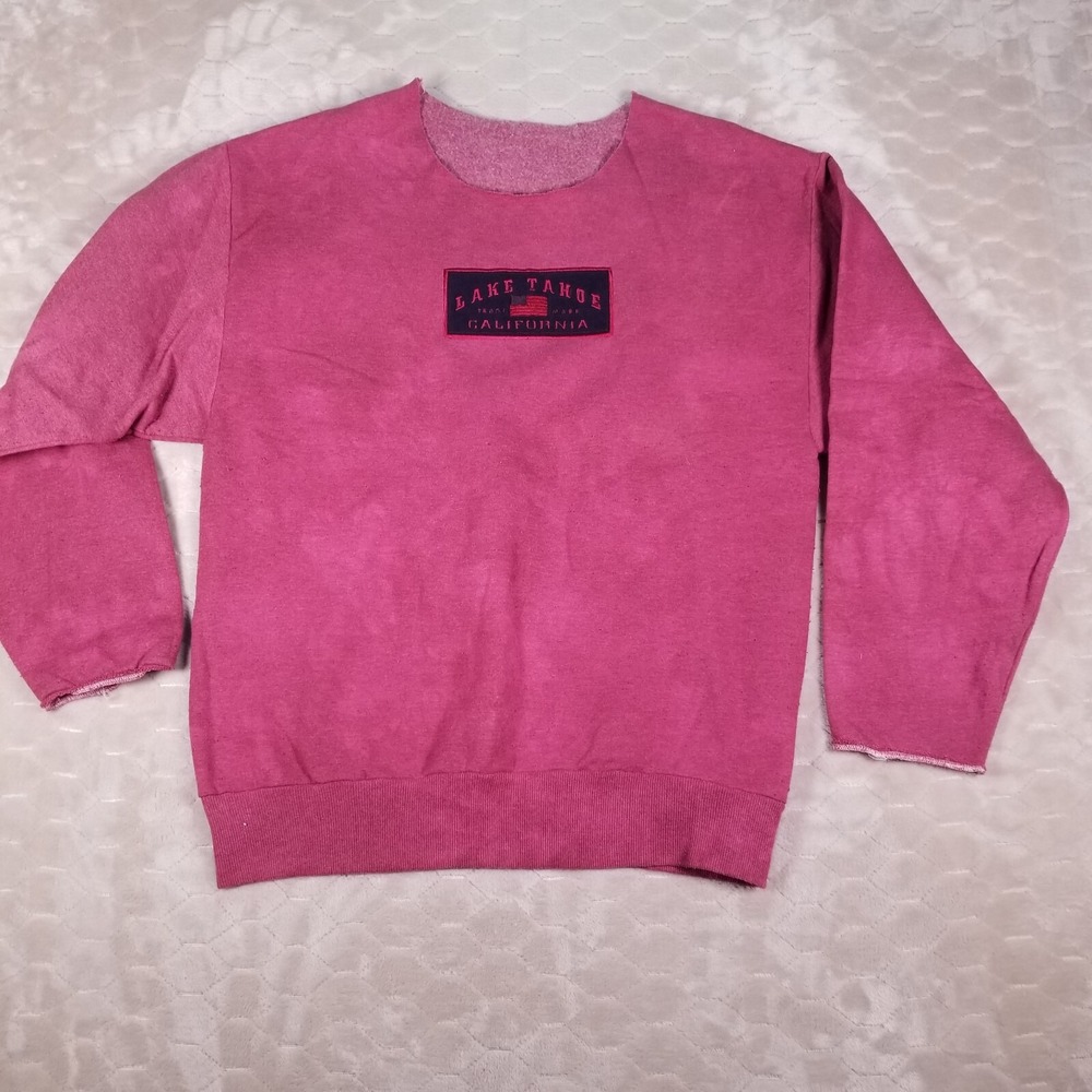 VTG 90s Lake Tahoe Patched Sweatshirt CHOPPED Sz Large Acid Wash‎ Pattern